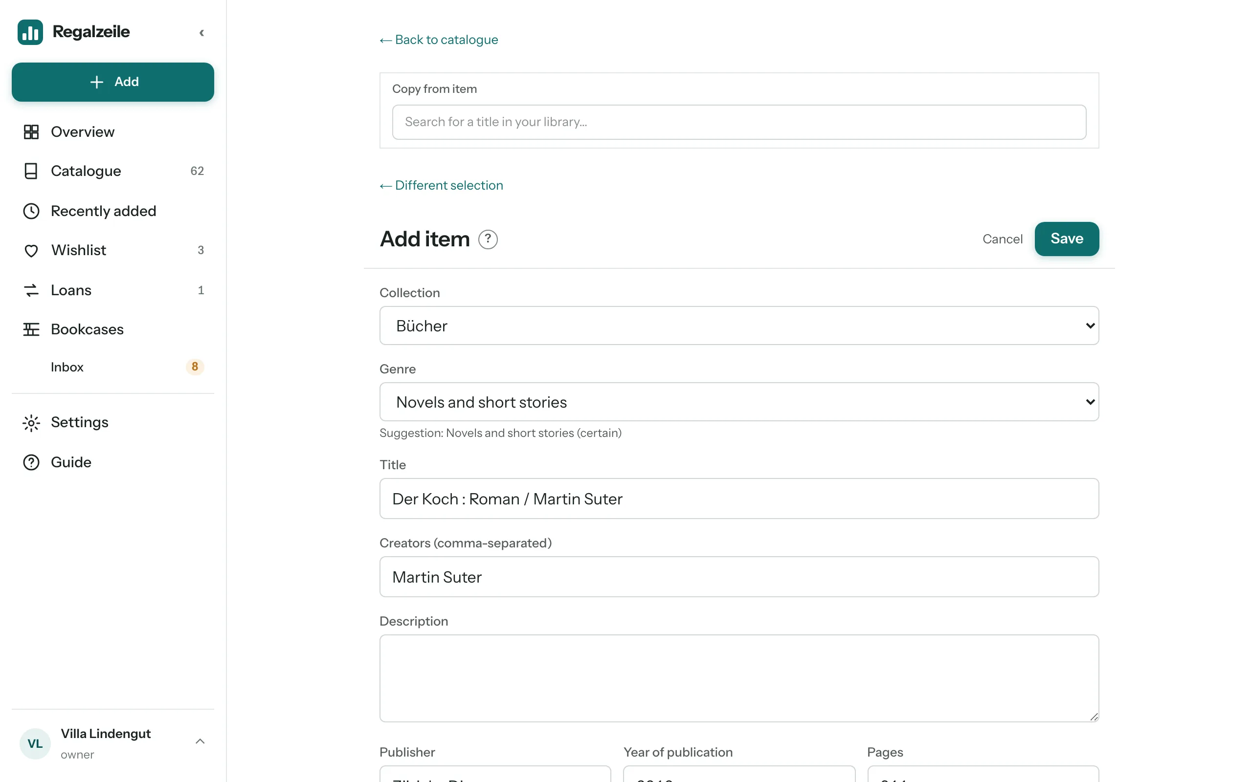 “Add item”: the ISBN lookup has filled in the form.