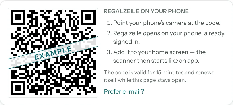 The “Regalzeile on your phone” card with the QR code (example — leads to the guide).