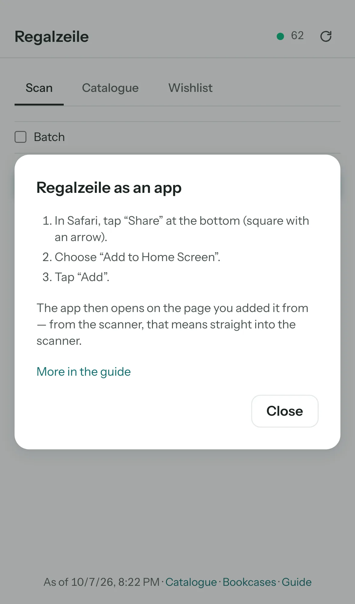 The install hint after pairing: scanner on the home screen.