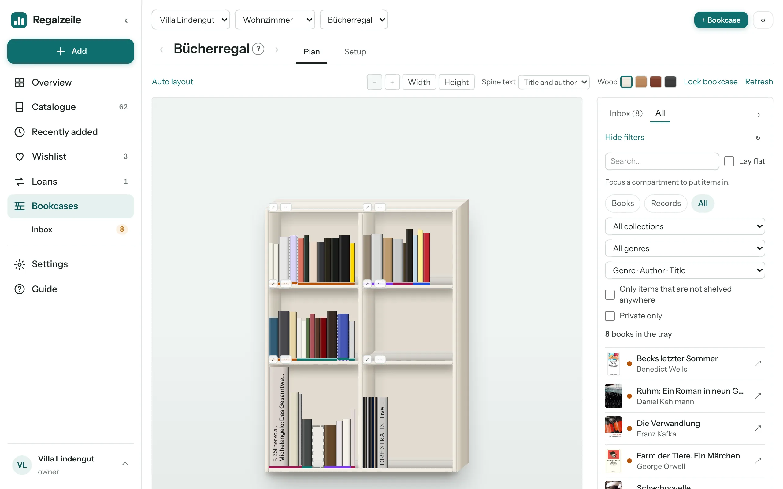 The plan view: the bookcase to scale, the tray on the right.