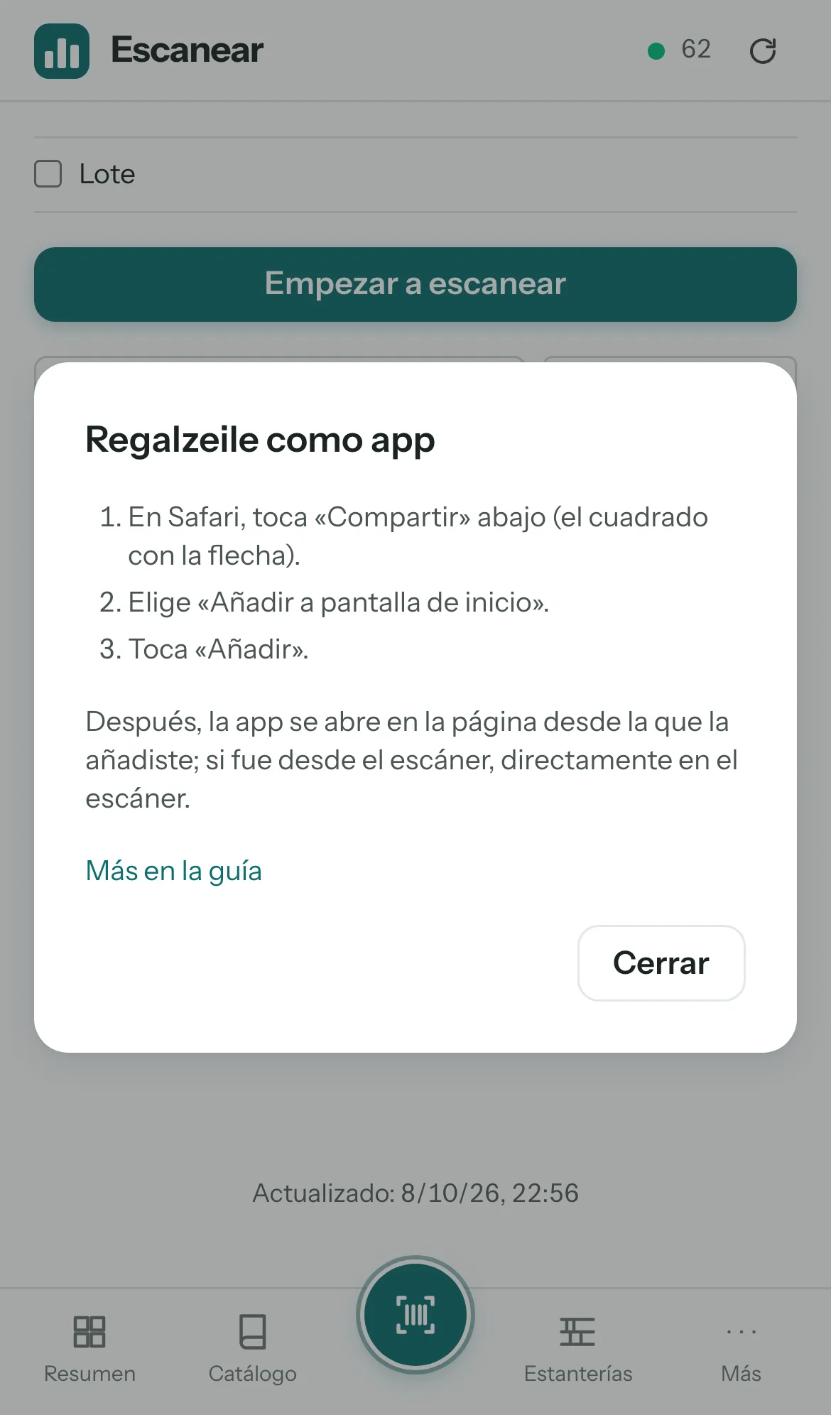 El aviso de instalación tras vincular el teléfono: el escáner en la pantalla de inicio.