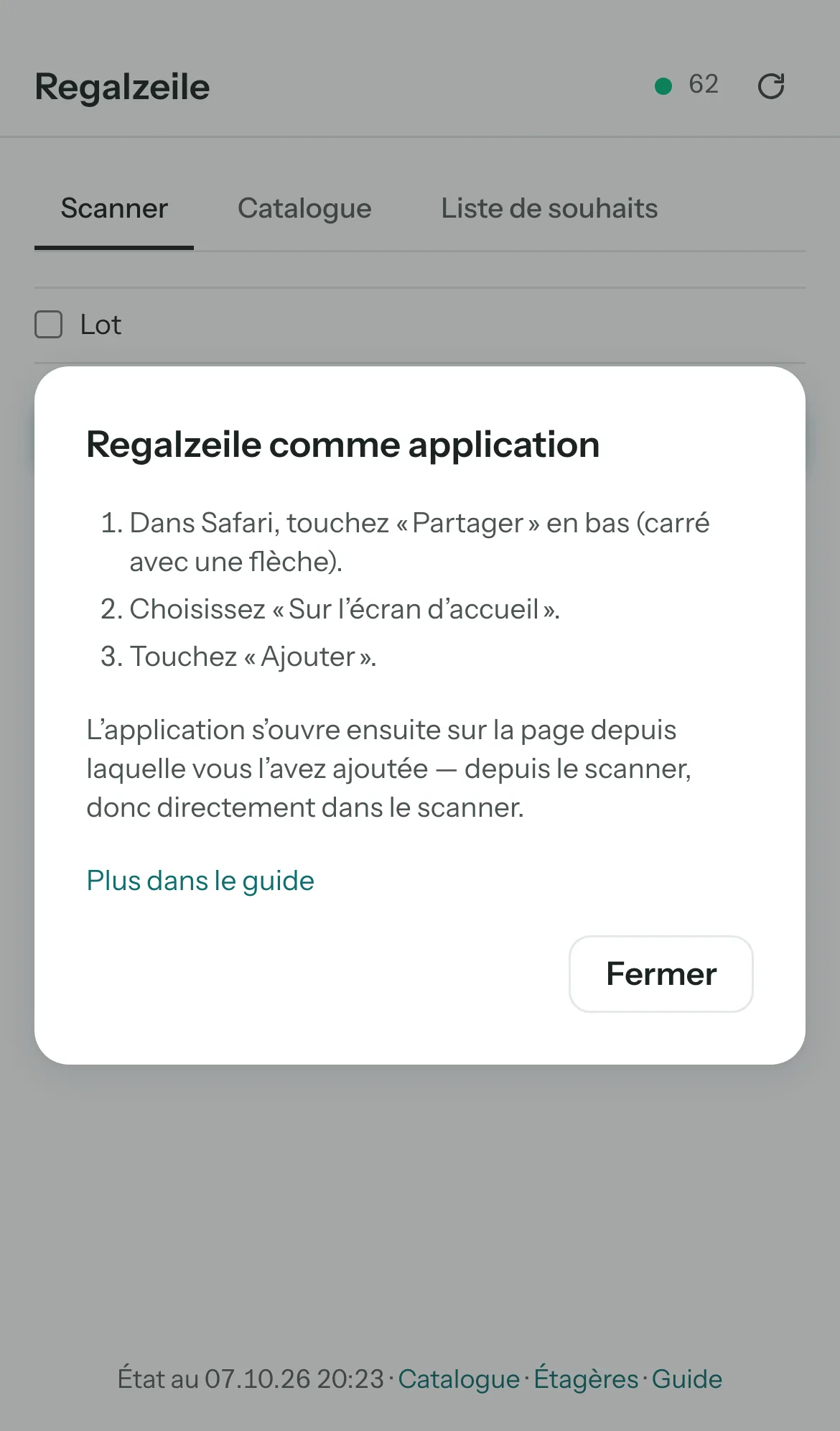L’indication d’installation après le couplage : le scanner sur l’écran d’accueil.