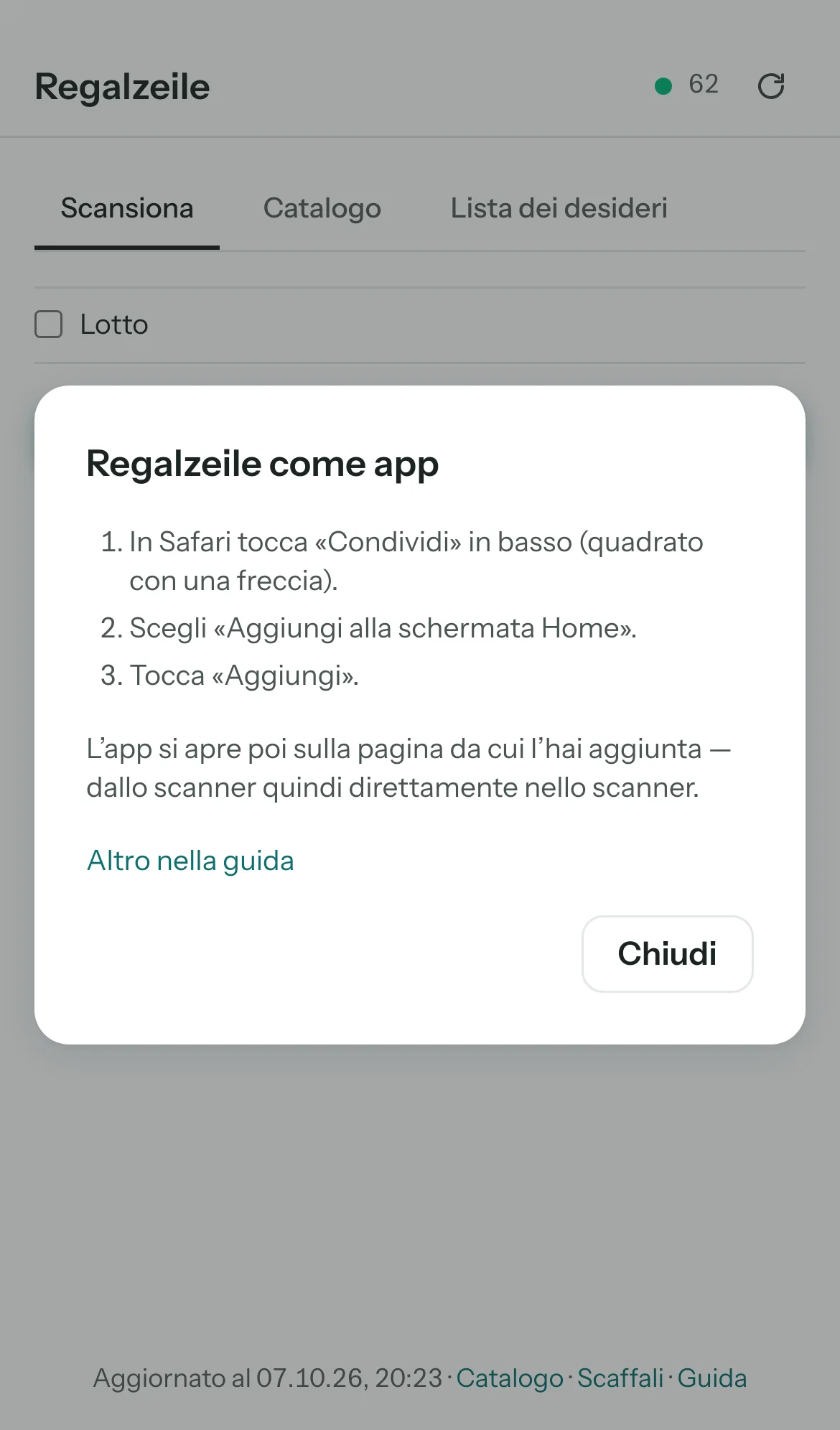 L’avviso di installazione dopo l’abbinamento: lo scanner nella schermata Home.
